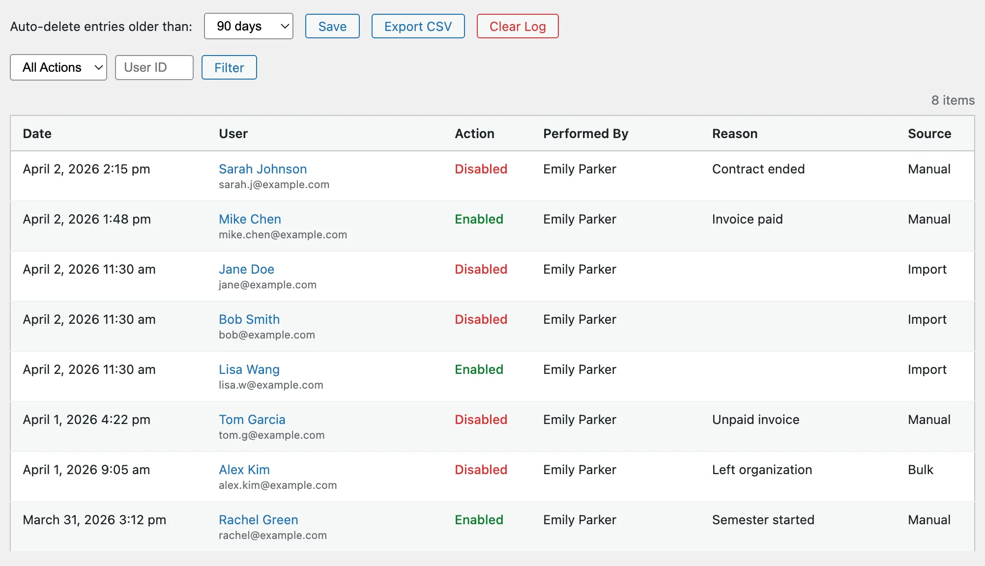 Disable User Login Pro - Audit Log