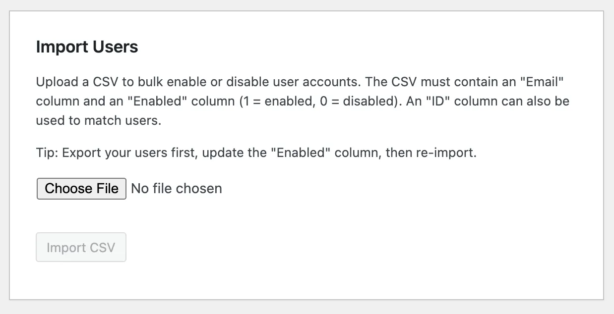 Disable User Login Pro - Bulk CSV Import