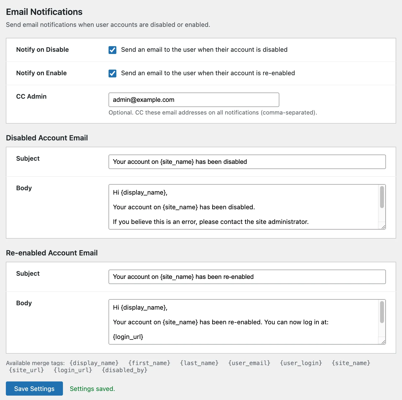 Disable User Login Pro - Email Notifications
