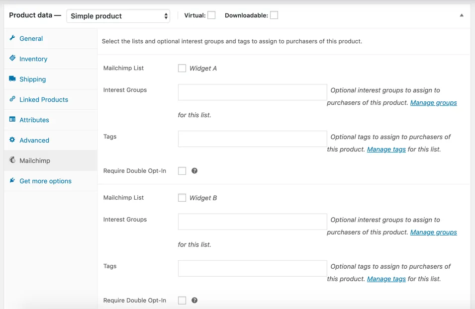Mailchimp tab on a WooCommerce product with product-specific lists