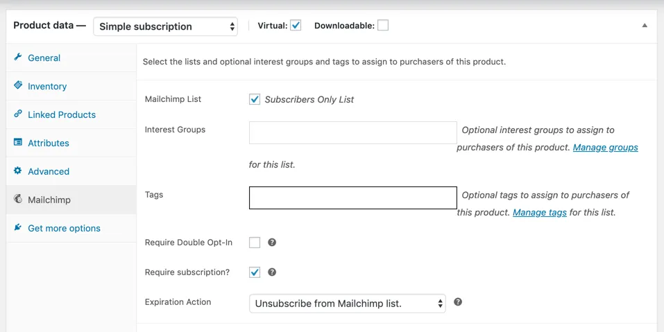 Product-specific Mailchimp lists on a WooCommerce Subscriptions product